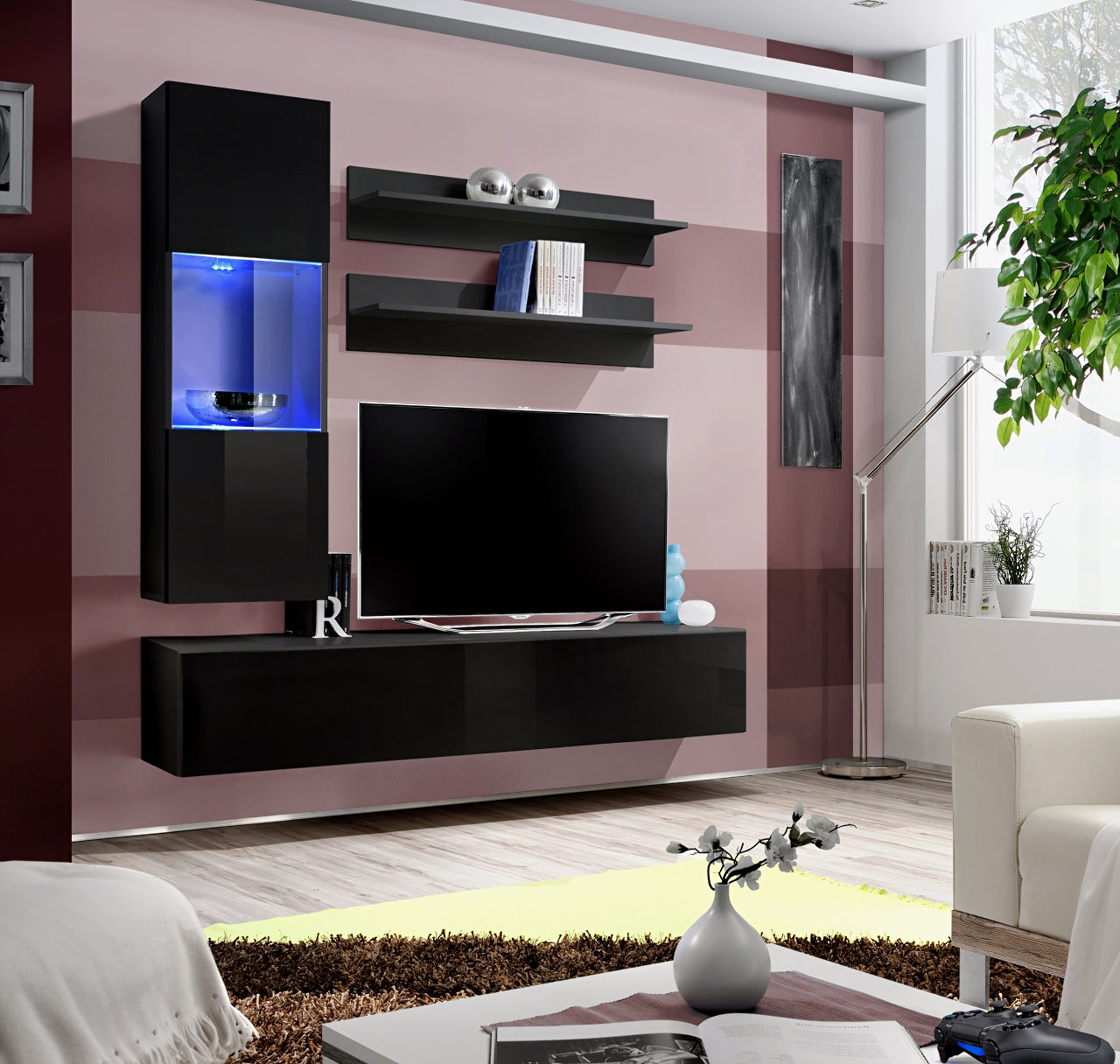 Ensemble meuble TV mural FLY-H noir de haute brillance avec LED clicktofournisseur.com