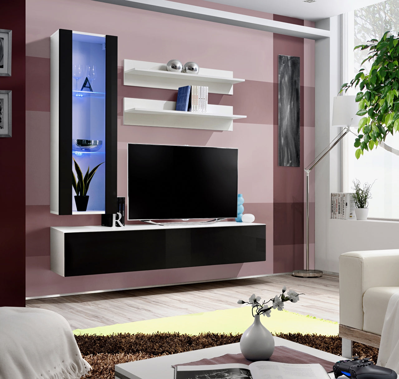 Ensemble meuble TV mural FLY-H noir et blanc de haute brillance avec LED clicktofournisseur.com