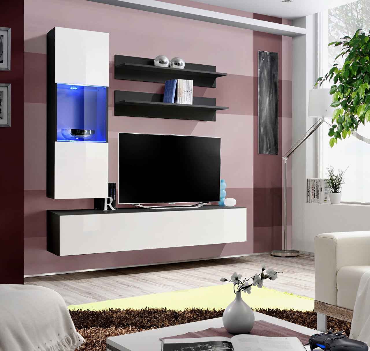 Ensemble meuble tv mural fly-h noir et blanc de haute brillance avec led - Clicktofournisseur.com