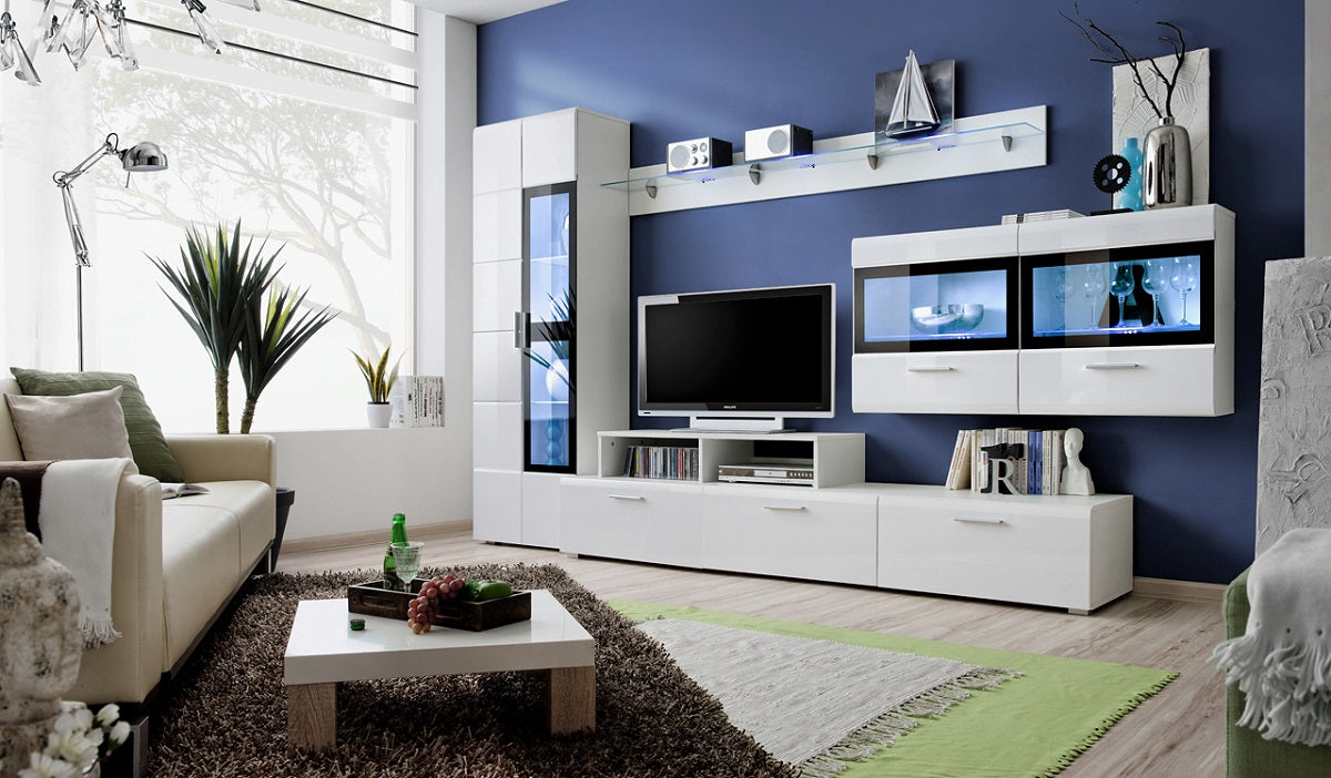 Ensemble meuble TV mural ITALIA blanc de haute brillance clicktofournisseur.com