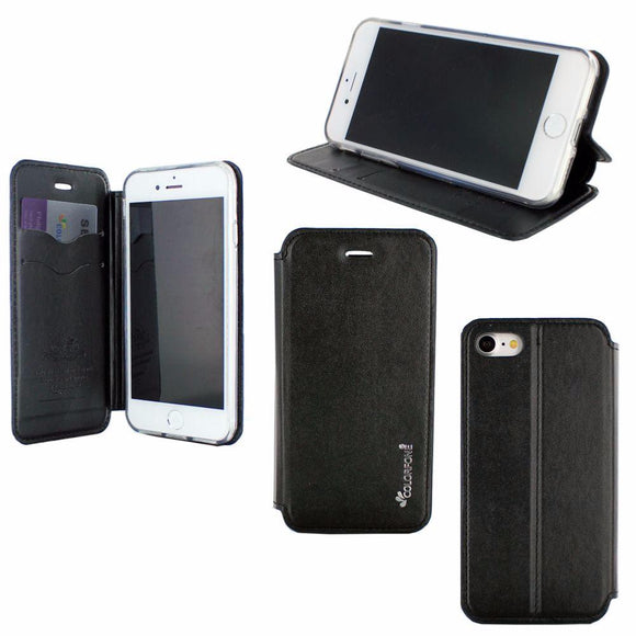 Etui luxe rabattable noir et support carte de visite pour apple iphone 8 - Clicktofournisseur.com