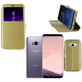 Etui rabattable beige champagne or avec ouverture ecran pour samsung galaxy s8 plus - Clicktofournisseur.com