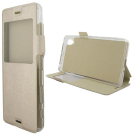 Etui rabattable beige champagne or avec ouverture ecran pour sony xperia x - Clicktofournisseur.com