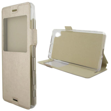 Etui rabattable beige champagne or avec ouverture ecran pour sony xperia x - Clicktofournisseur.com