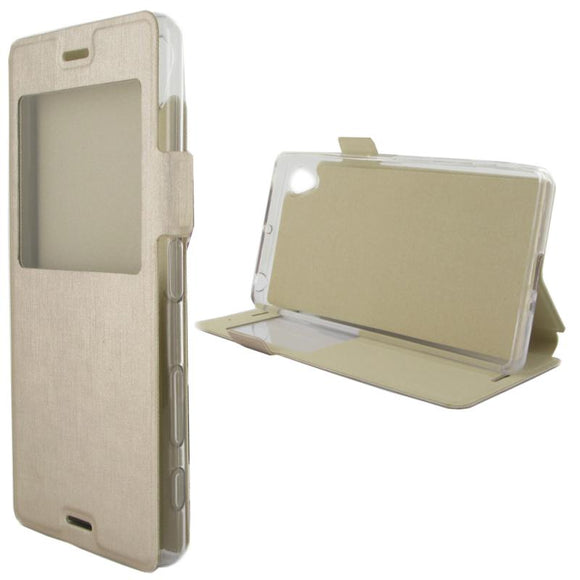 Etui rabattable beige champagne or avec ouverture ecran pour sony xperia x - Clicktofournisseur.com