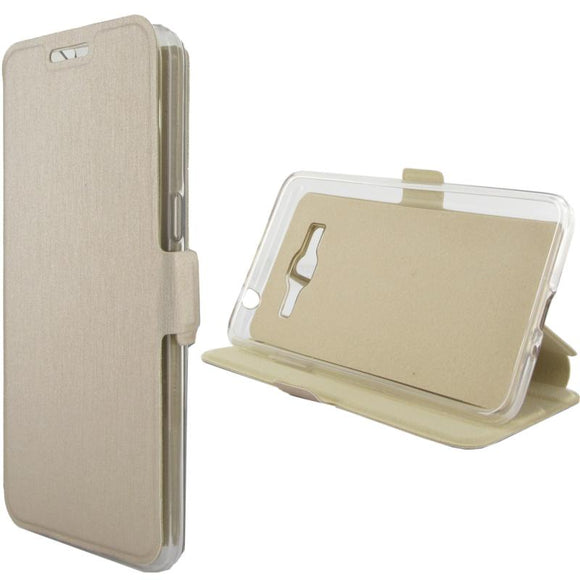 Etui rabattable beige champagne avec support pour samsung galaxy grand prime g530 - Clicktofournisseur.com