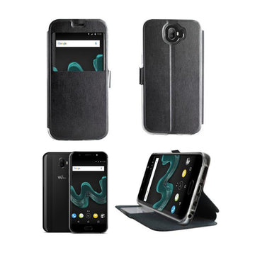 Etui rabattable simili cuir noir avec ouverture ecran pour wiko wim - Clicktofournisseur.com
