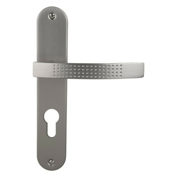 2 poignées de porte sur plaque AUDACE, Trou de cylindre - entrée - bureau, Finition aluminium nickel mat, Entraxe standard 195 mm