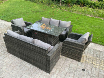 Fimous Rattan Meubles D'extérieur Foyer Au Gaz Table Rectangulaire Chauffage Au Gaz Chaise Longue Réglable Canapé 3 Places Set De 8 Places