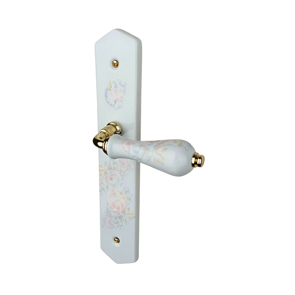 2 poignées de porte ROSAE, Sans trou pour pièce à vivre, Porcelaine de Limoges, Finition coude doré, Entraxe standard 195 mm