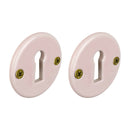 2 poignées sur rosaces rondes LIZON, Entrée de clé pour chambre, Porcelaine rose, Finition coude en Laiton poli doré