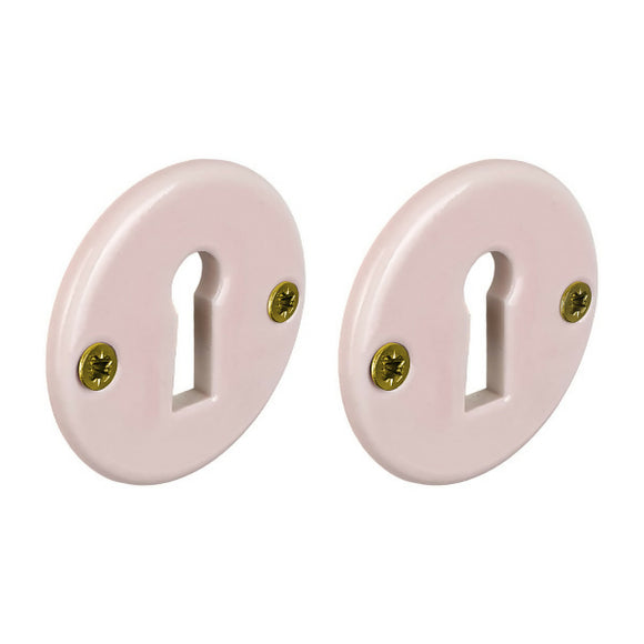 2 poignées sur rosaces rondes LIZON, Entrée de clé pour chambre, Porcelaine rose, Finition coude en Laiton poli doré