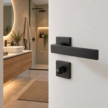 2 poignées de porte sur rosace LOFT, Verrou de condamnation pour salles de bain/WC Finition métal noir mat