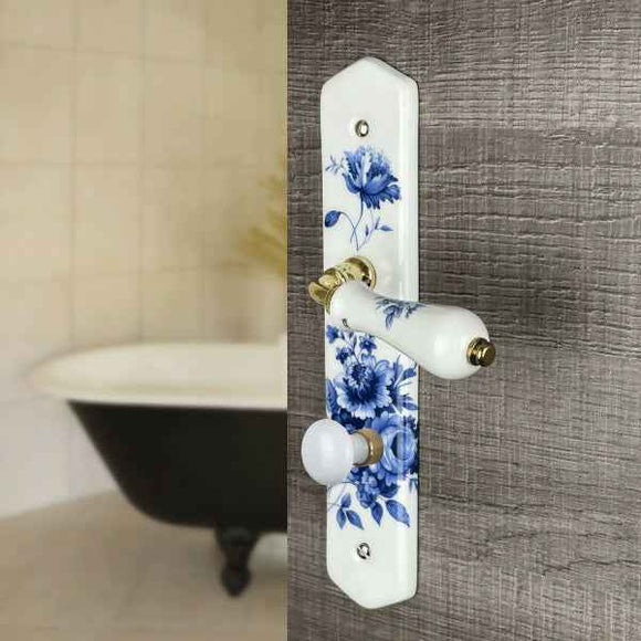 2 poignées de porte sur plaque BLEUET, Verrou de condamnation pour salle de bain/WC, Porcelaine de Limoges, Entraxe standard 195 mm