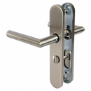 2 poignées de porte universelles Dualfit sur plaque ronde BRUNELLA, Verrou condamnation pour salle de bain/WC, Finition Acier nickel mat bi-entraxe 165-195