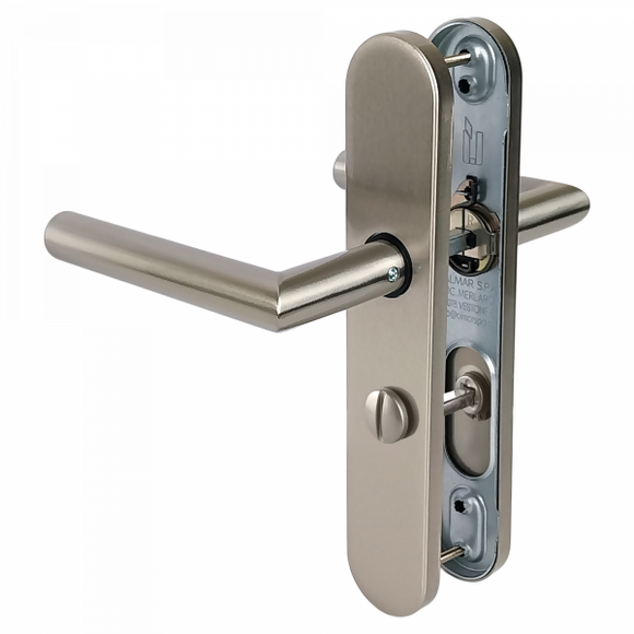 2 poignées de porte universelles Dualfit sur plaque ronde BRUNELLA, Verrou condamnation pour salle de bain/WC, Finition Acier nickel mat bi-entraxe 165-195