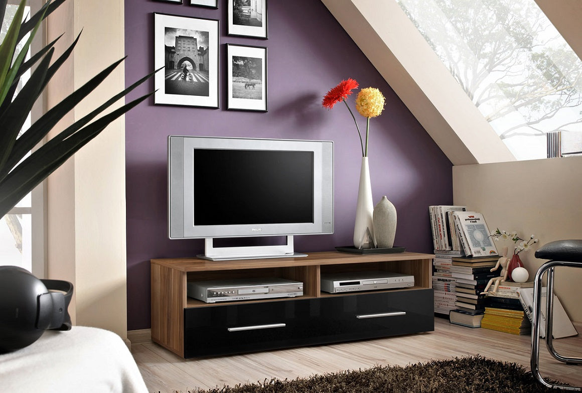 Grand Meuble TV bicolore FLY 34 à suspendre 160x30x40cm - blanc et noir de haute brillance avec éclairage LED clicktofournisseur.com