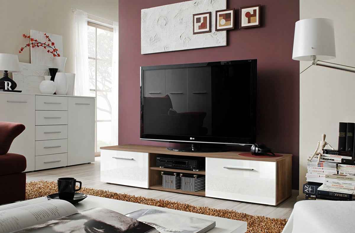 Grand meuble TV DUO 200x35x45 cm - blanc et noir de haute brillance clicktofournisseur.com