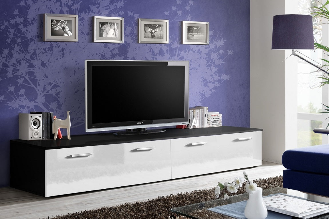 Grand meuble TV FLY à suspendre 160x30x40cm - blanc et noir de haute brillance clicktofournisseur.com