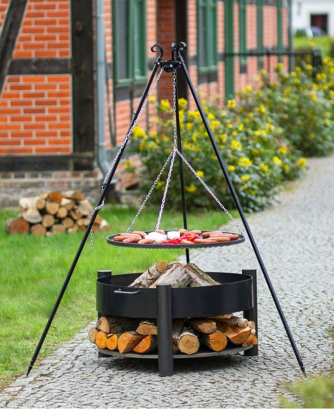Grille barbecue ø 80 cm sur trépied + brasero avec range bois solafa ø 70 cm en acier noir - Clicktofournisseur.com
