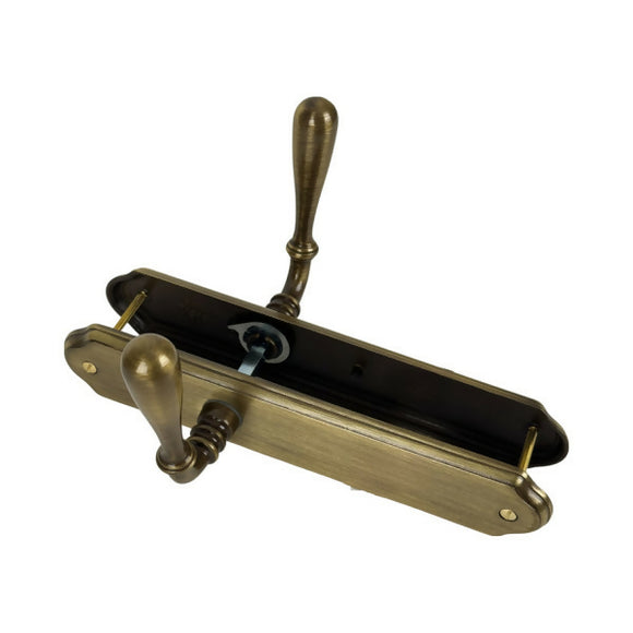 2 poignées de porte sur plaque CARINA, Sans trou pour pièce à vivre, Finition laiton patiné, Entraxe stand 195 mm
