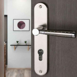 2 poignées de porte sur plaque CASUAL, Trou de cylindre - entrée - bureau, Finition aluminium nickel mat, Entraxe standard 195 mm