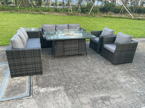 Fimous 8 Places Extérieur En Rotin Meubles De Jardin Foyer à Gaz Table Set Chauffage à Gaz Chaise Longue Café Thé Paillettes Gris Foncé