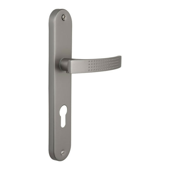 2 poignées de porte sur plaque AUDACE, Trou de cylindre - entrée - bureau, Finition aluminium nickel mat, Entraxe standard 195 mm