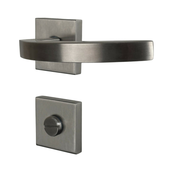 2 poignées de porte sur rosace ORION, Verrou de condamnation pour salle de bain/WC, Finition Inox 304 nickel mat