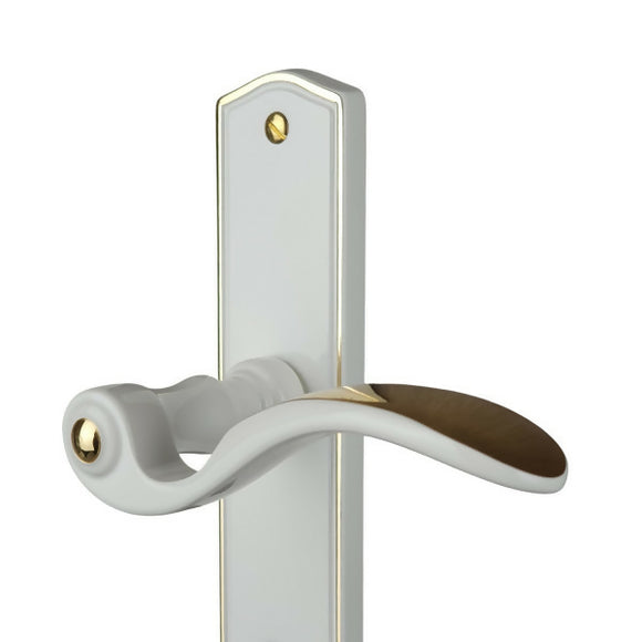 2 poignées de porte sur plaque EVITA, Entrée de clé pour chambre, Finition laiton blanc liseré doré, Entraxe standard 195 mm