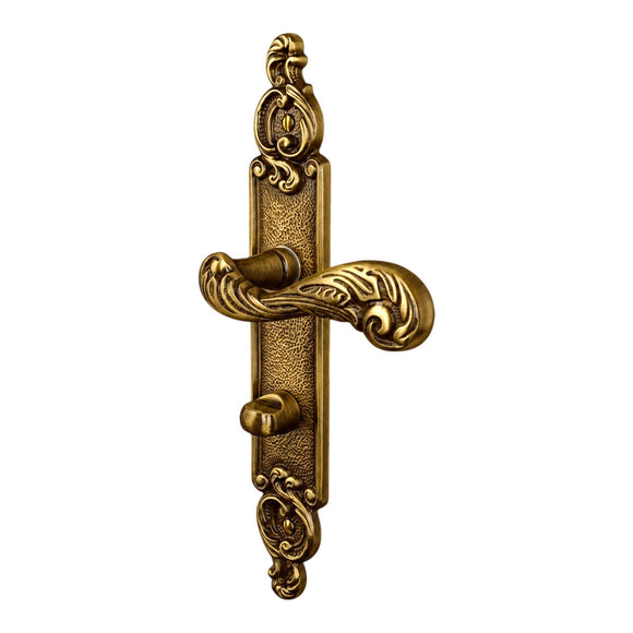 2 poignées de porte sur plaque SULLY, Verrou de condamnation pour salle de bain/WC, Finition laiton patiné aspect vieilli, Entraxe standard 195 mm
