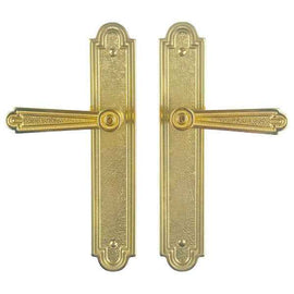 2 poignées de porte sur plaque REGENCE, Sans trou pour pièce à vivre, Finition laiton poli doré, Entraxe standard 195 mm