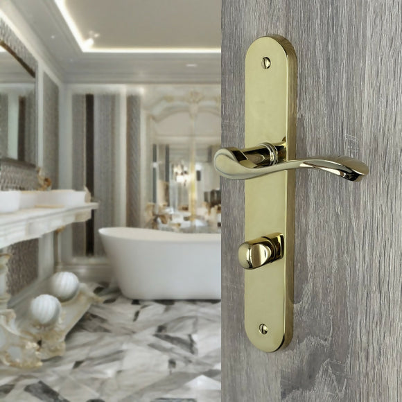2 poignées de porte sur plaque LAURA, Verrou de condamnation pour salle de bain/WC, Finition laiton doré poli PVD titane, Entraxe standard 195 mm