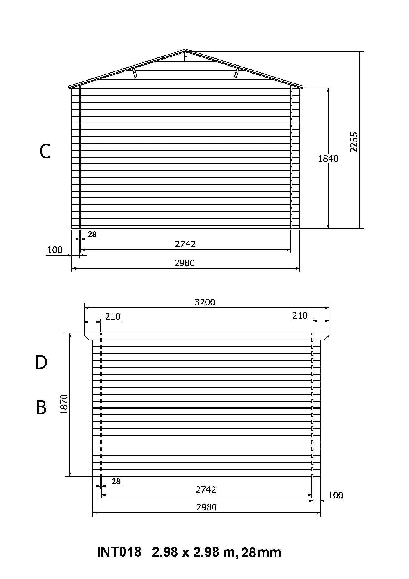 Abri de jardin en bois 28mm 7.5m² 298x298x235cm int018/ineksa