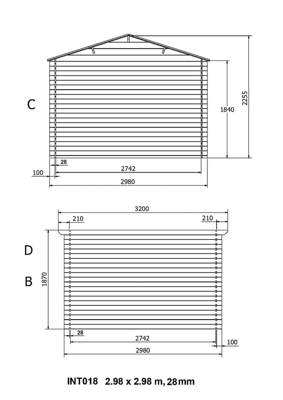 Abri de jardin en bois 28mm 7.5m² 298x298x235cm int018/ineksa