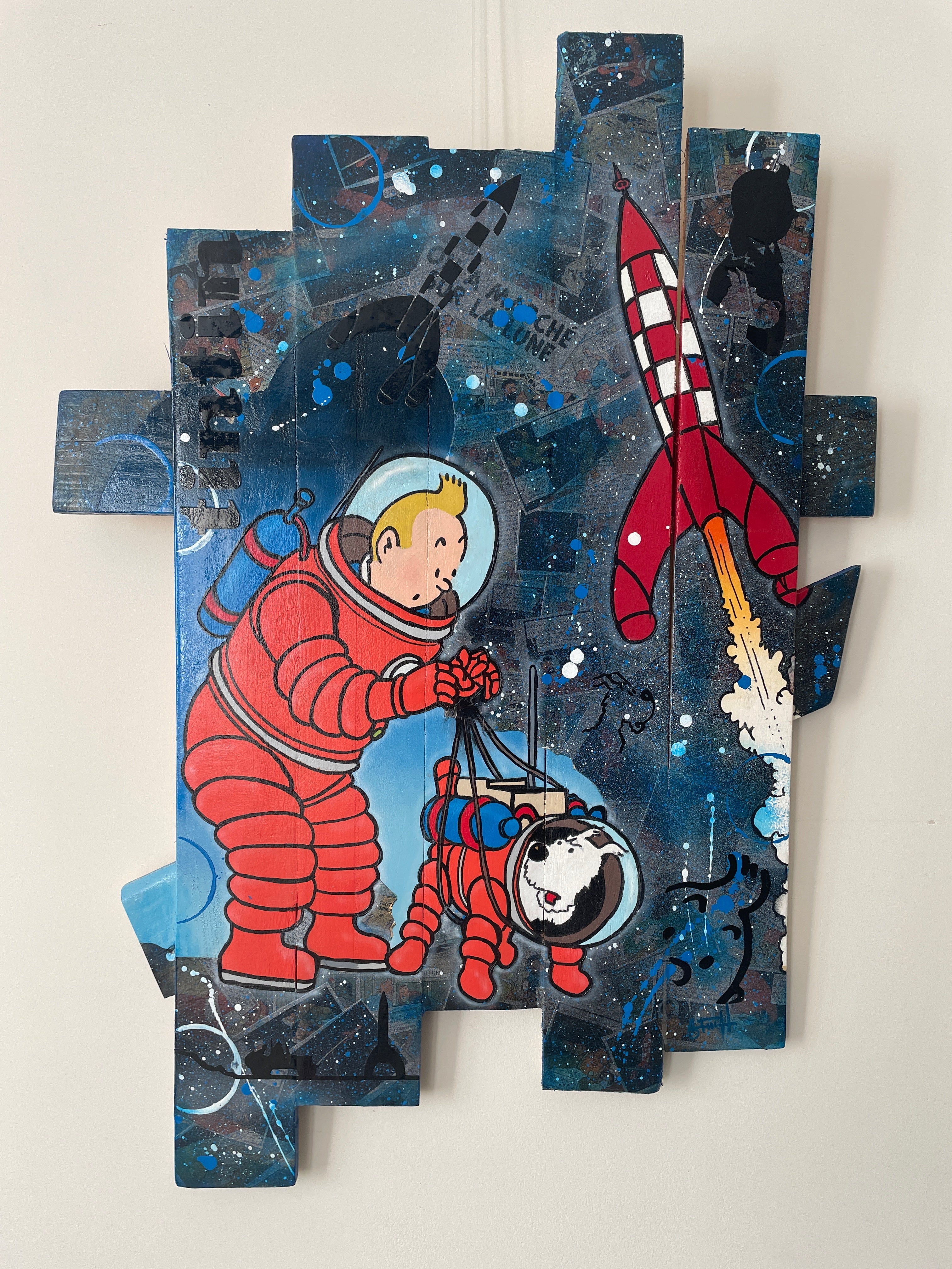 Tableau Pop art Tintin et Milou fusée sur bois de palette signé Vincent STREIFF®
