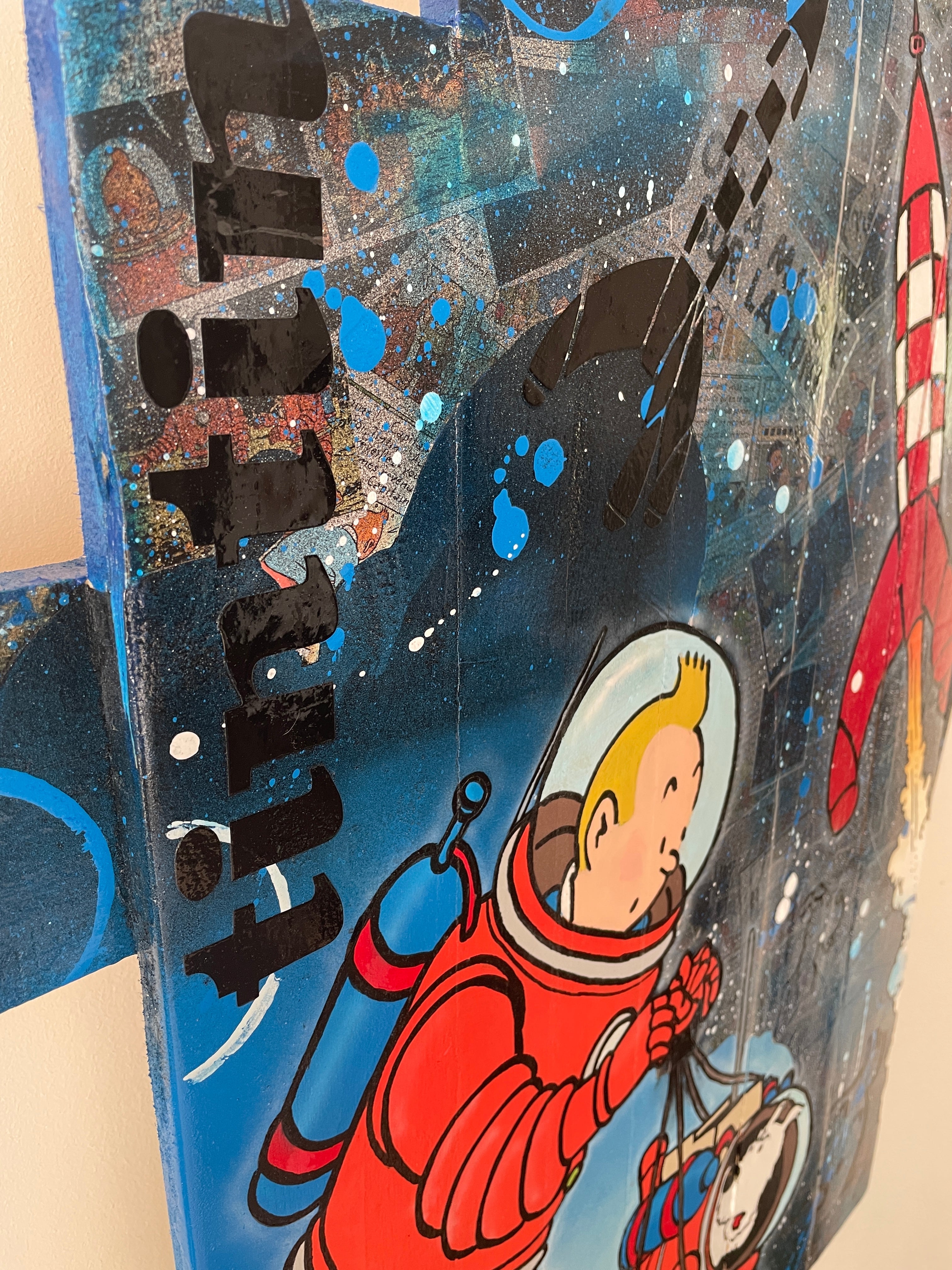 Tableau Pop art Tintin et Milou fusée sur bois de palette signé Vincent STREIFF®
