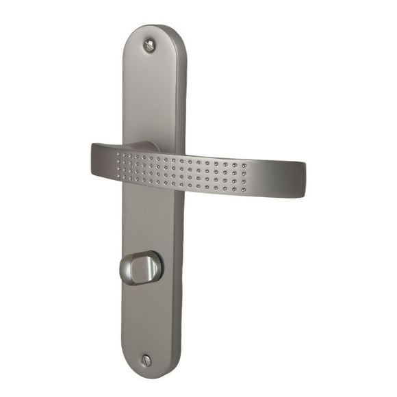 2 poignées de porte sur plaque AUDACE, Verrou condamnation pour salle de bain/WC, Finition aluminium nickel mat, Entraxe standard 195 mm