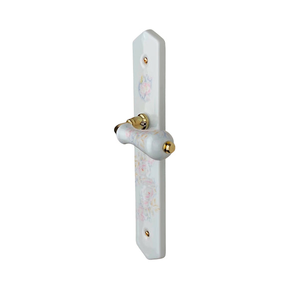2 poignées de porte ROSAE, Sans trou pour pièce à vivre, Porcelaine de Limoges, Finition coude doré, Entraxe standard 195 mm