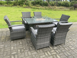 Fimous Ensemble de Jardin 6 Places en Rotin avec Table Rectangulaire et Foyer à Gaz