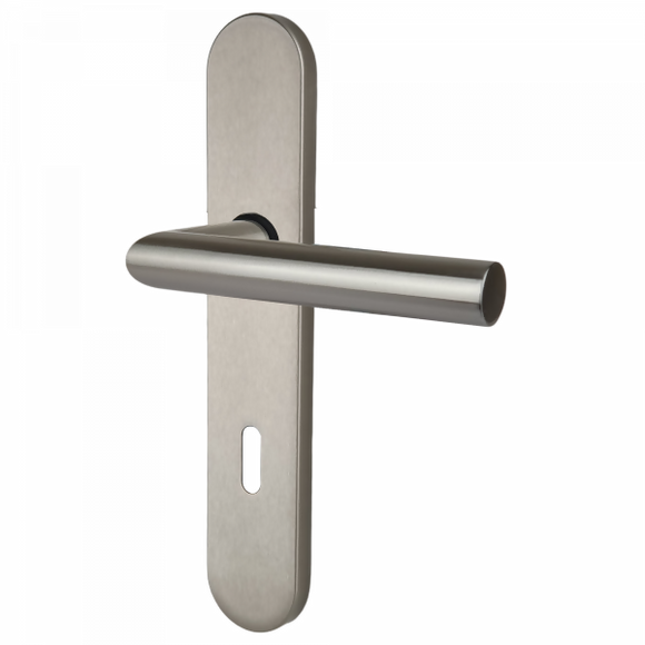2 poignées de porte universelles Dualfit sur plaque ronde BRUNELLA, Entrée de clé pour chambre, Finition Acier nickel mat bi-entraxe 165-195