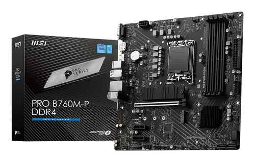 MSI PRO B760M-P DDR4, mATX, Socket 1700, Dual Channel DDR4 4800(OC)MHz, 1x PCIe x16 slots, 2x M.2 slots, 1x HDMI, 1x DP, 1x VGA, 1x USB 3.2 Gen 2 Type-C, 1x USB 3.2 Gen 1, 4x USB 2.0, 7.1 HD Audio, 1Gbps LAN, 3Y