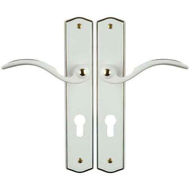 2 poignées de porte sur plaque EVITA, Trou de cylindre - entrée - bureau - service, Finition laiton blanc liseré doré, Entraxe standard 195 mm