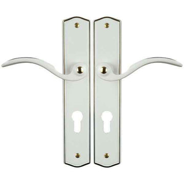 2 poignées de porte sur plaque EVITA, Trou de cylindre - entrée - bureau - service, Finition laiton blanc liseré doré, Entraxe standard 195 mm