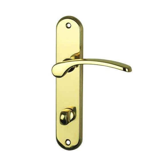 2 poignées de porte sur plaque EVA, Verrou de condamnation pour salle de bain/WC, Finition laiton poli, Entraxe 165 mm