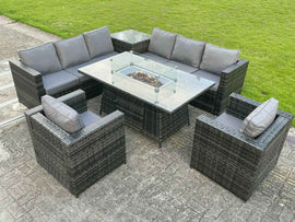 Fimous extérieur rotin mobilier d’angle de jardin foyer à gaz Table à manger ensembles de chauffage à gaz chaises longues Table d’appoint gris foncé 8 places