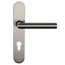 2 poignées de porte universelles Dualfit sur plaque ronde BRUNELLA, Trou de cylindre - entrée - bureau - service, Finition Acier nickel mat bi-entraxe 165-195
