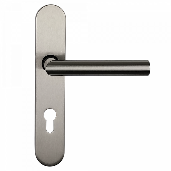 2 poignées de porte universelles Dualfit sur plaque ronde BRUNELLA, Trou de cylindre - entrée - bureau - service, Finition Acier nickel mat bi-entraxe 165-195