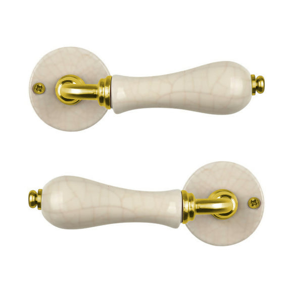 2 poignées sur rosaces rondes LIZON, Porcelaine beige craquelé, Finition coude en Laiton poli doré