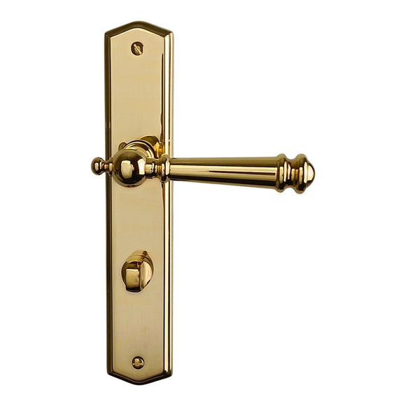 2 poignées de porte ATTILA, Verrou de condamnation pour salles de bain/WC, Finition laiton poli doré, Entraxe standard 195 mm